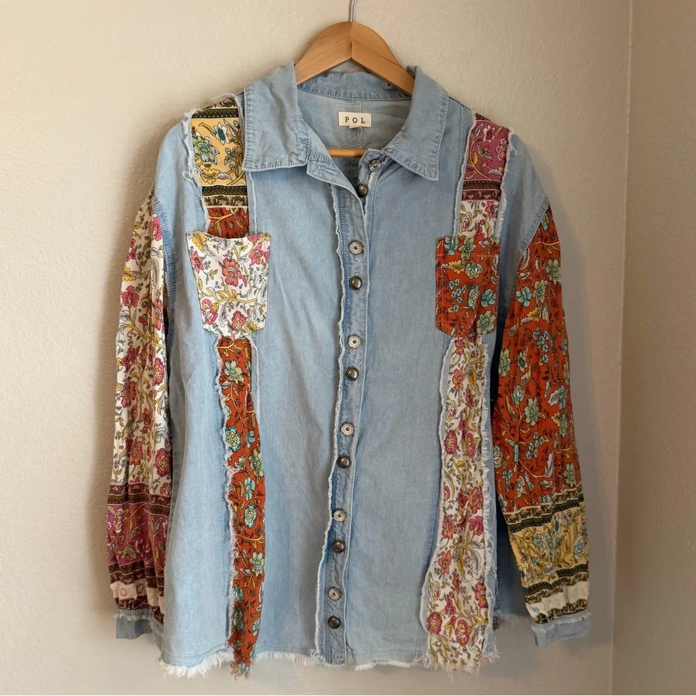 POL Light Wash Denim Patchwork Button Down Bohemian Shirt Top, Size Large - Picture 2 of 10